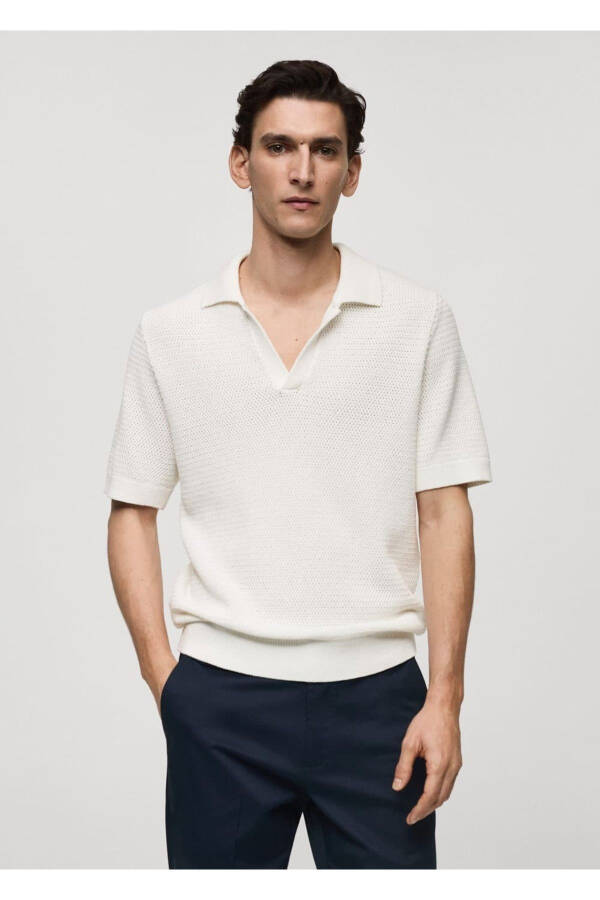 Openwork Cotton Knit Polo Shirt - 1