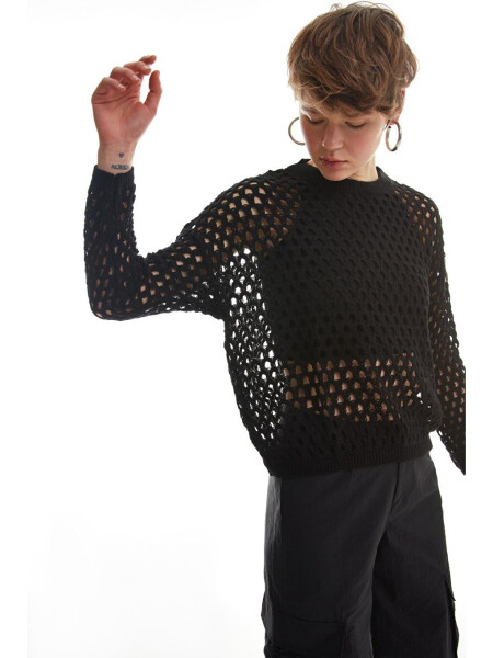 Openwork Detailed Fine Knitwear Black-Black - 1
