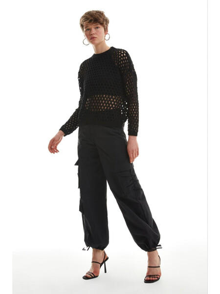 Openwork Detailed Fine Knitwear Black-Black - 3