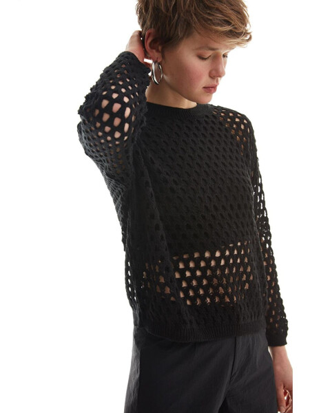 Openwork Detailed Fine Knitwear Black-Black - 4