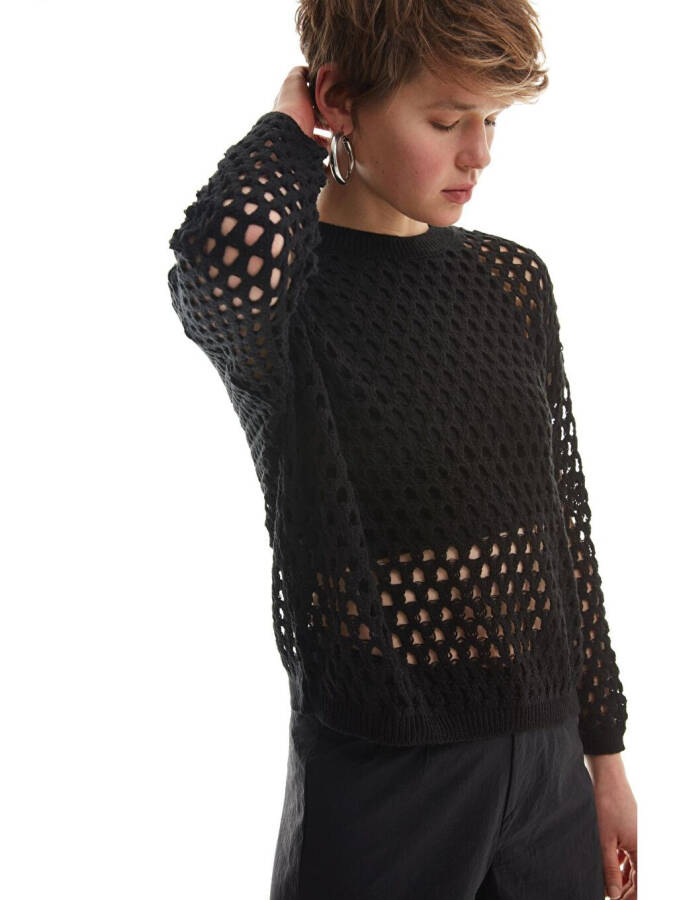 Openwork Detailed Fine Knitwear Black-Black - 4