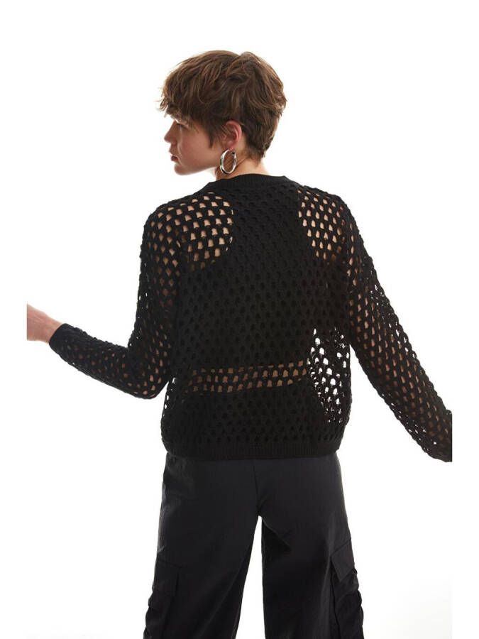 Openwork Detailed Fine Knitwear Black-Black - 5
