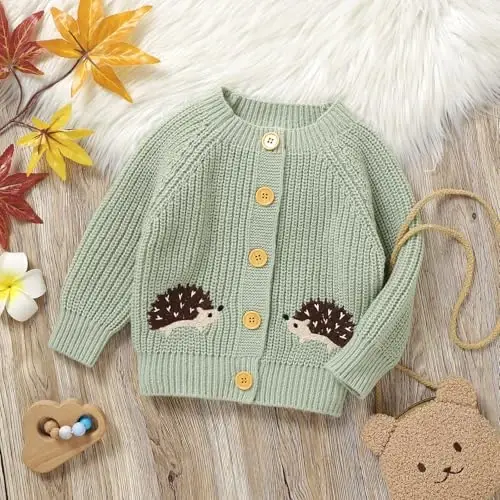 Opewod Baby Toddler Boy Girl Cardigan Knit Sweater | Soft and Elastic Long Sleeved Jumpers Coats Warm Fall Winter Clothes with Cute Hedgehog - 2
