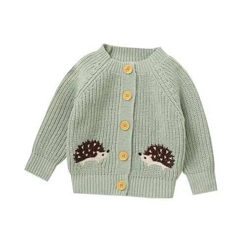 Opewod Baby Toddler Boy Girl Cardigan Knit Sweater | Soft and Elastic Long Sleeved Jumpers Coats Warm Fall Winter Clothes with Cute Hedgehog - 1