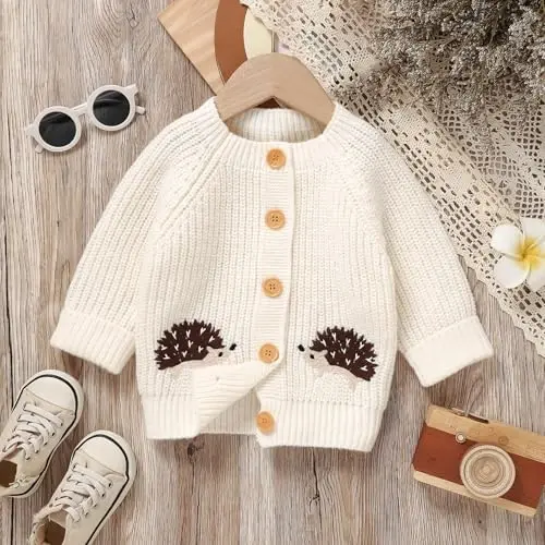 Opewod Baby Toddler Boy Girl Cardigan Knit Sweater | Soft and Elastic Long Sleeved Jumpers Coats Warm Fall Winter Clothes with Cute Hedgehog - 2