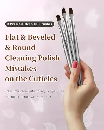 3PCS Brush for OPI Nail Polish Remover, AMilHiTon Nails Clean Up Brushes, Round/Angled/flat Acetone Resistant Nail Art Designs, and Tidying Up Polish Mishaps on Cuticles（Gun Color） - 2
