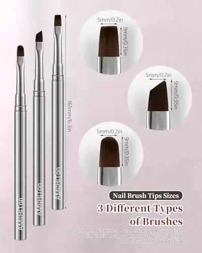 3PCS Brush for OPI Nail Polish Remover, AMilHiTon Nails Clean Up Brushes, Round/Angled/flat Acetone Resistant Nail Art Designs, and Tidying Up Polish Mishaps on Cuticles（Gun Color） - 3