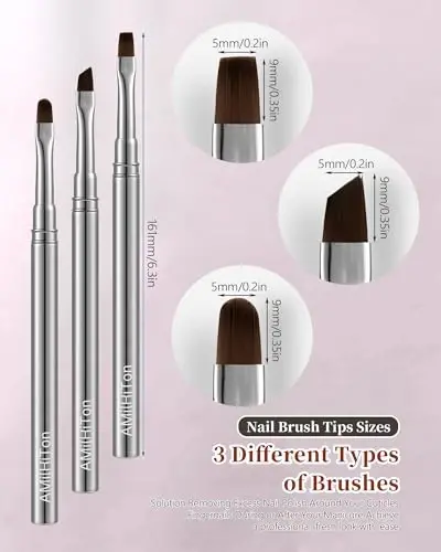 3PCS Brush for OPI Nail Polish Remover, AMilHiTon Nails Clean Up Brushes, Round/Angled/flat Acetone Resistant Nail Art Designs, and Tidying Up Polish Mishaps on Cuticles（Gun Color） - 3
