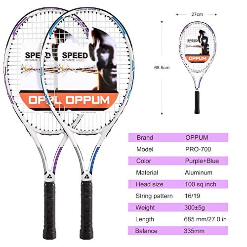 OPPUM 27” Pro Tennis Raketi (2 ta'riq), Yengil, Bardoshli simlar, Boshlang'ich/O'rta darajadagi o'yinchilar uchun ideal - OPPUM