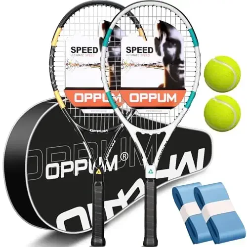 OPPUM PRO-500 Kattalar uchun tennis raketkalari, boshlang'ich va o'rta darajadagilar uchun oldindan torlangan 2 ta raketka, sumka va 2 ta to'p bilan, ayollar va erkaklar uchun 105 kvadrat dyuymli katta bosh, qo'l uchun qulay vibratsiyani nazorat qilish - 1