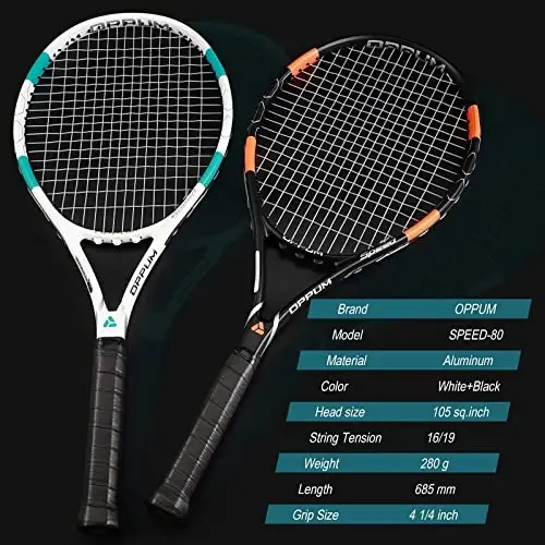 OPPUM PRO-500 Kattalar uchun tennis raketkalari, boshlang'ich va o'rta darajadagilar uchun oldindan torlangan 2 ta raketka, sumka va 2 ta to'p bilan, ayollar va erkaklar uchun 105 kvadrat dyuymli katta bosh, qo'l uchun qulay vibratsiyani nazorat qilish - 6