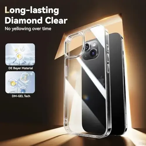 Opxyl Diamond Clear for iPhone 15 Case with 2X Screen Protector + 2X Camera Lens Protector, [Not Yellowing][Military-Grade Protection] Slim Thin Shockproof Phone Case for iPhone 15, Clear - OPXYL (1)