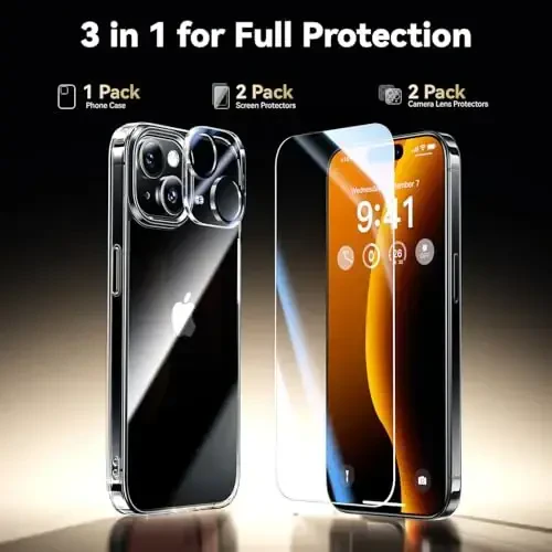 Opxyl Diamond Clear iPhone 15 uchun g'ilof, 2X ekran himoyachisi + 2X kamera linzalari himoyachisi bilan, [Sarg'aymaydi] [Harbiy darajadagi himoya] iPhone 15 uchun yupqa zarbaga chidamli telefon g'ilofi, Shaffof. - 4