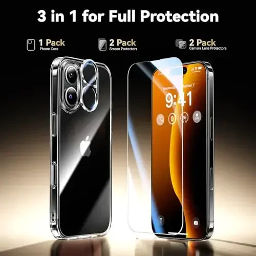 Opxyl Not Yellowing for iPhone 16 Case Clear, 360° Protection with 2X Screen Protector + 2X Camera Lens Protector, Military Grade Shockproof Phone Case Slim Cover for iPhone 16, Clear - 4
