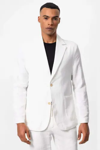 Oq Astarli Cho'ntakli Erkaklar Blazer Kurtkasi - Oq - 3