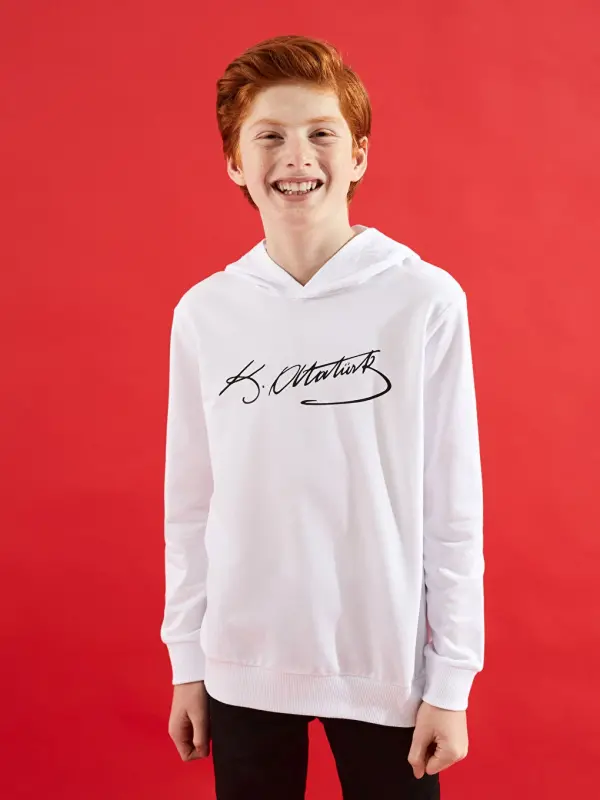 Oq Atatürk imzosi bosilgan erkaklar uchun bolalar sviteri - Oq - 3