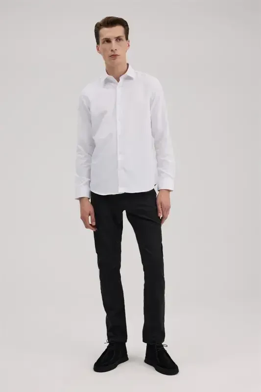 Oq Comfort Fit Klassik Yoqali Paxta Aralash Ko'ylak - JAKAMEN