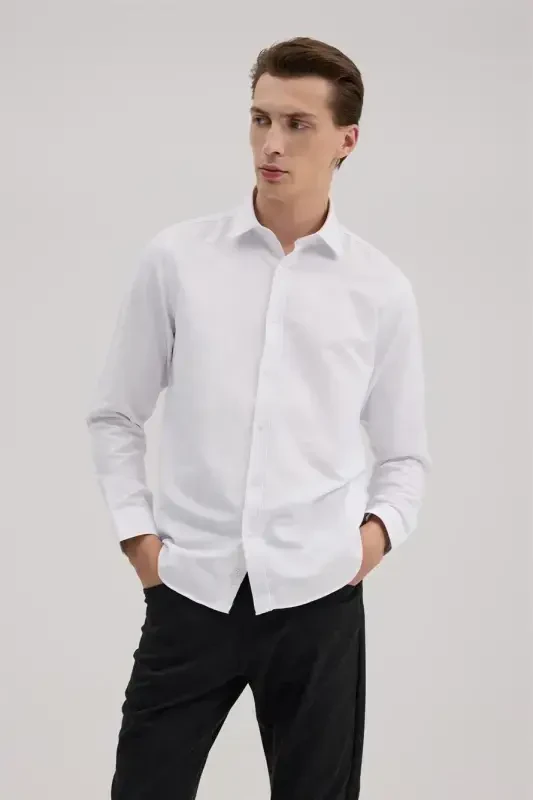 Oq Comfort Fit Klassik Yoqali Paxta Aralash Ko'ylak - 2