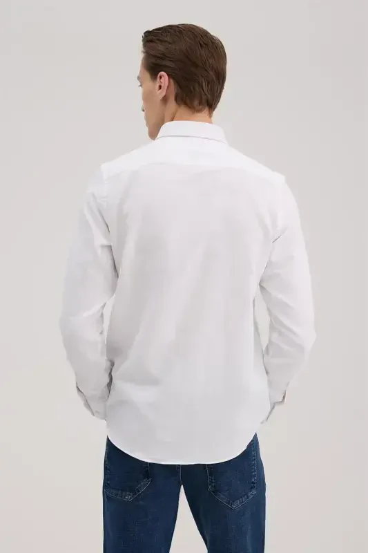 Oq Comfort Fit Pastdan Tugmali Yoqali Paxta Aralash Ko'ylak - 4