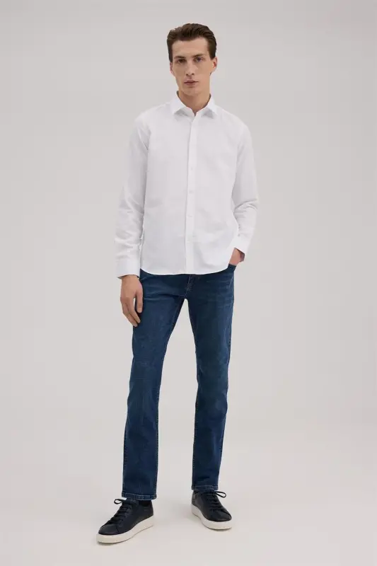 Oq Comfort Fit Pastdan Tugmali Yoqali Paxta Aralash Ko'ylak - JAKAMEN