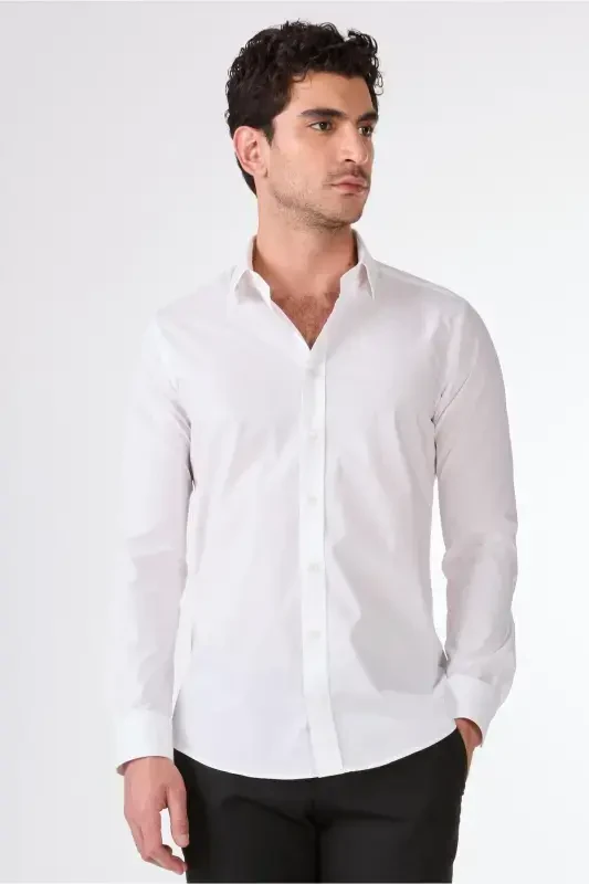 Oq erkaklar Slim Fit klassik yoqali uzun yengli ko'ylak - 103129 - 2