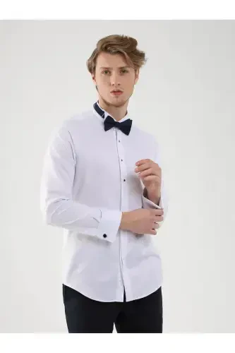 Oq erkaklar uchun Slim Fit naqshli mandalin yoqali ikki qavatli manjetli ko'ylak - DUFY (1)