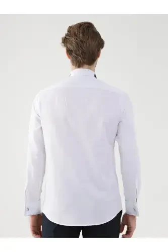 Oq erkaklar uchun Slim Fit naqshli mandalin yoqali ikki qavatli manjetli ko'ylak - 4