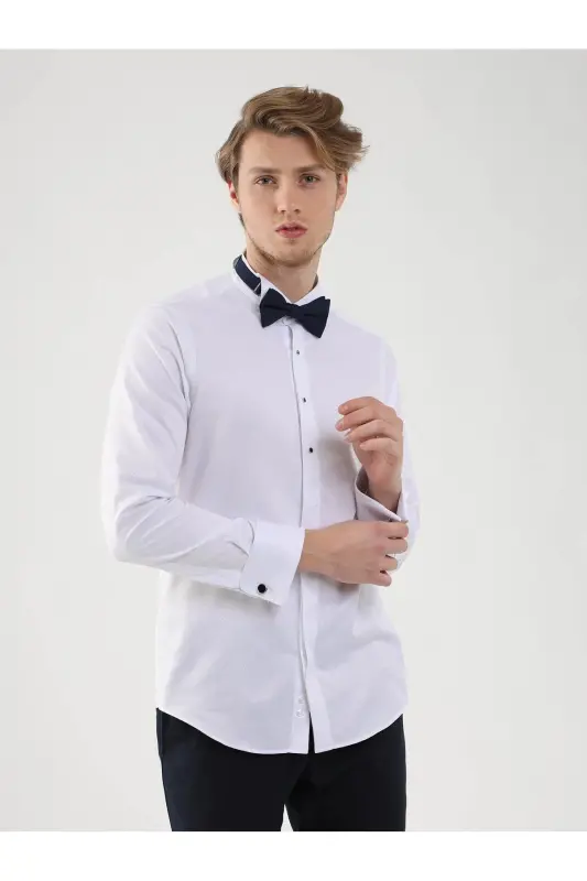 Oq erkaklar uchun Slim Fit naqshli mandalin yoqali ikki qavatli manjetli ko'ylak - 2