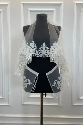 Oq kelinlik pardasi to'plami Klassik naqshli flock bosma yaltiroq xina pardasi-FLOKKLASIKBEYAZ - 1