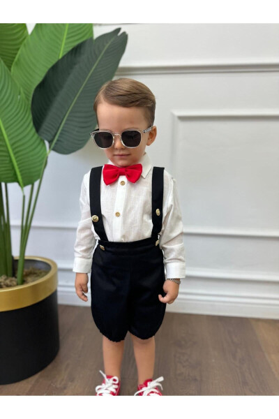 Oq ko'ylak va qora salopet (qizil galstuk-papion kiritilgan) Bolalar va chaqaloqlar uchun kiyim sovg'asi - ARES KIDS FASHION (1)