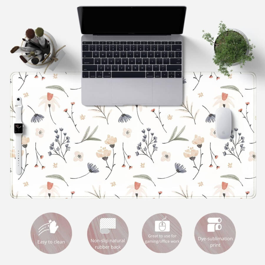 Oq Mouse Padlar Katta Stol Pad, Chiroyli Gullar Stol Pad Katta Kompyuter Sichqoncha Pad Boho Estetik Ofis Aksessuarlari Oq Mousepad XXL, Ayol Ofisi uchun Sichqoncha Stol Dekori 31.5x15.7 dyuym Mat - 12