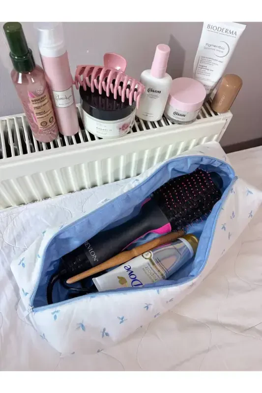 Oq Moviy Gullari Bilan Soch Buklagich, Dazmol va Airwrap Airstrait mos Katta Sayohat Sumkasi - Oq Moviy Gullari Bilan - 3