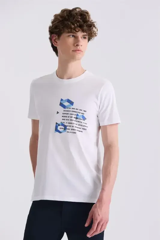 Oq rang Slim Fit Yoqa bo'yinli futbolka - 1