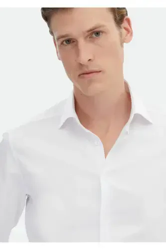 Оқ рангдаги Slim Fit тўқима классик 100% пахта кўйлак - 3