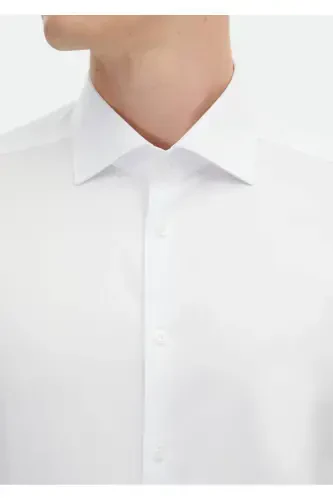 Оқ рангдаги Slim Fit тўқима классик 100% пахта кўйлак - 4