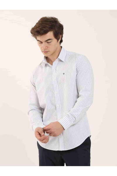 Beyaz Erkek Slim Fit Çizgili Brent Yaka Uzun Kol Gömlek - 102144 - 3