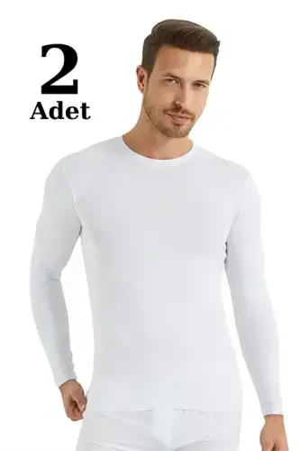 Oq rangli erkaklar uchun oddiy uslubdagi aylanma yoqali uzun qo'lli futbolka 2 dona 100% paxta - 1