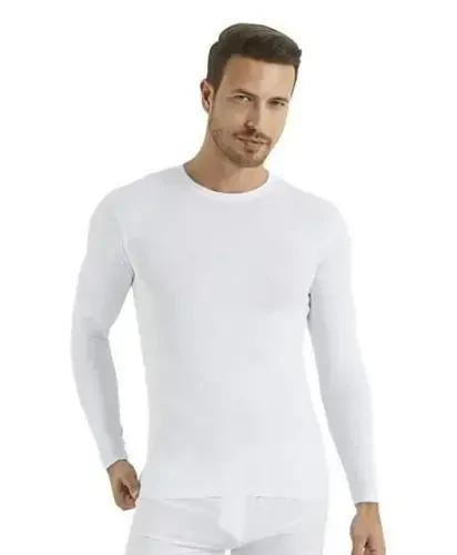 Oq rangli erkaklar uchun oddiy uslubdagi aylanma yoqali uzun qo'lli futbolka 2 dona 100% paxta - 3