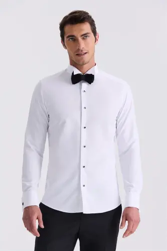 Oq rangli slim fit otli yoqa ikki kafta qismacha ko'ylak - 1