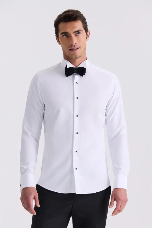 Oq rangli slim fit otli yoqa ikki kafta qismacha ko'ylak - JAKAMEN