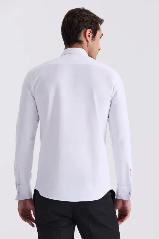 Oq rangli slim fit otli yoqa ikki kafta qismacha ko'ylak - 4