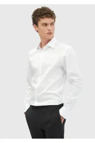 Oq rangli tekis Slim Fit to'qilgan klassik 100% paxta ko'ylak. - 1