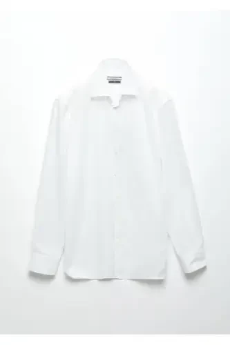 Oq rangli tekis Slim Fit to'qilgan klassik 100% paxta ko'ylak. - 6