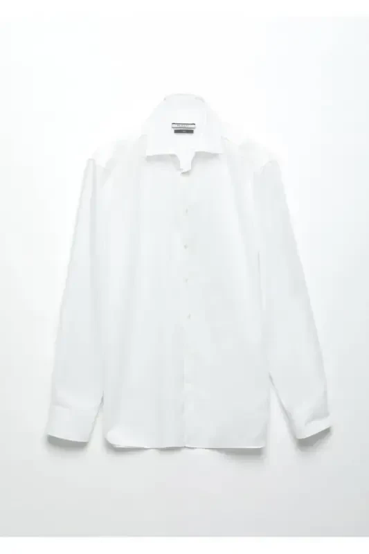 Oq rangli tekis Slim Fit to'qilgan klassik 100% paxta ko'ylak. - 6