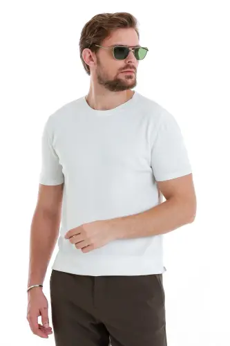 Oq Regular Fit Tekis Velosiped Yoqali Rayon Trikotaj Futbolka-Oq - 4