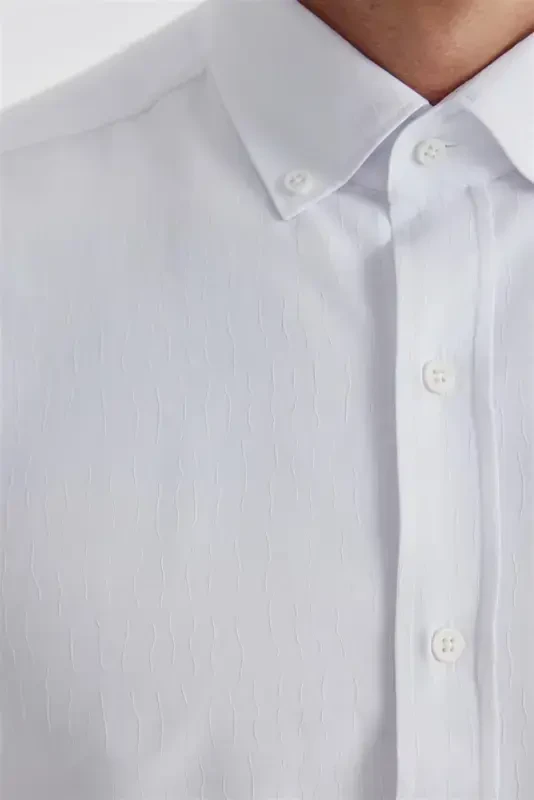 Oq silliq, naqshli paxtali tugmali yoqali koʻylak - 3