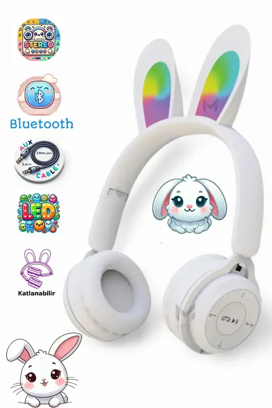 Oq simsiz Bluetooth 5.3 Led yorug'likli quyon quloqchinlari sovg'a ios Android mos stereo Hd ovoz-Oq quyon - 1