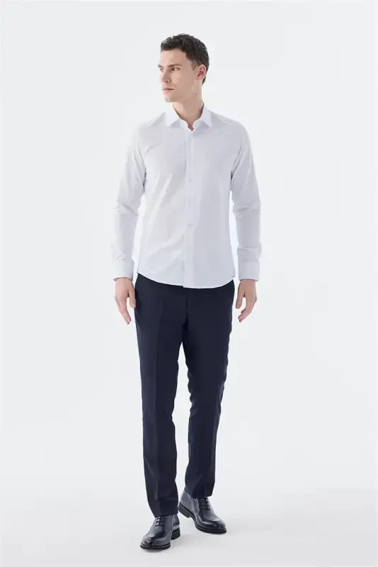 Oq Slim Fit Italiya Yoqasi Uzoq Qol Klassik Galstuk Paxta Koʻylagi - 3