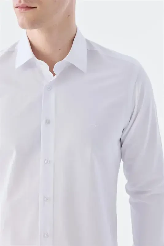 Oq Slim Fit Italiya Yoqasi Uzoq Qol Klassik Galstuk Paxta Koʻylagi - 4