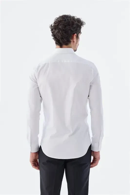 Oq Slim Fit italyan yoqali uzun qo'lli klassik galstukli 100% paxta satin ko'ylak - 4